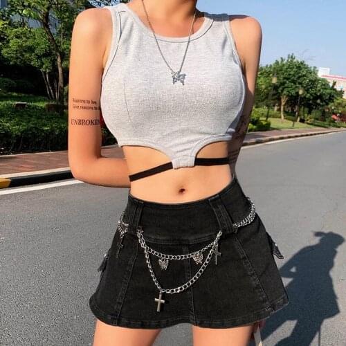 Slim Womens Crop Top Sleeveless Navel Top Sexy New Vintage Sports High Street Tank Grey Hollow Out Summer Vest Knitted Camisole