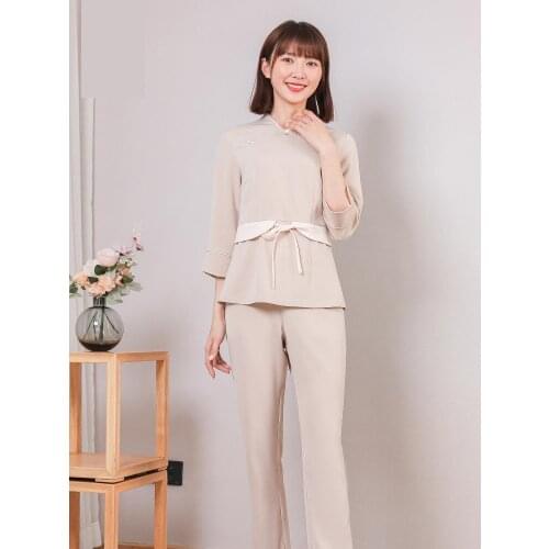 Beauticians Work Clothes Womens New Beige Health Center Work Suit Summer Dress