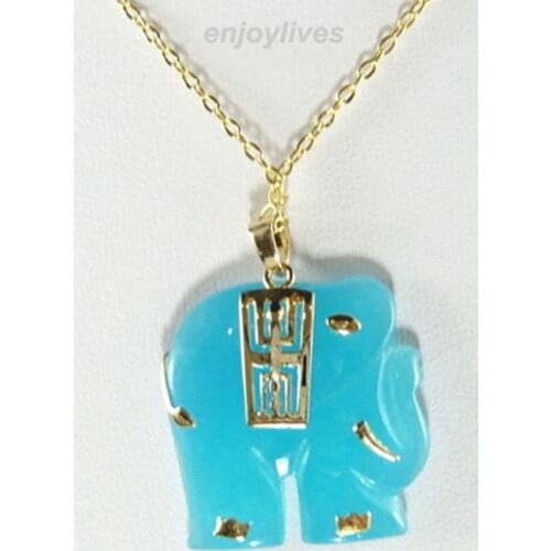 Wholesale FREE SHIPPING HH##> Sky-Blue Jade 18KGP Elephant Pendant & Necklace