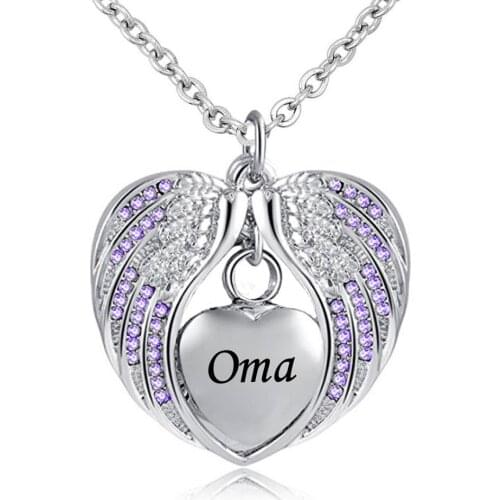 Oma Angel Wing Urn Necklace for Ashes Cremation Memorial Stainless Steel Heart Keepsake Birthstone Crystal Pendant Necklace