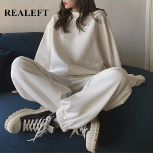 REALEFT Autumn Winter Minimalist 100% Cotton Womens Suit 2 Pieces Sets Pullover Outfits Sweatshirt and Pants Suits 2021 New
