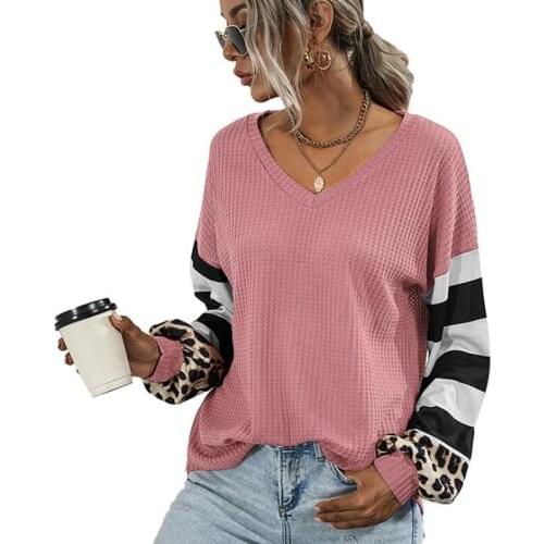 S-2XL 2020 Autumn and Winter Fashion Shirts for Women Solid Color V-neck Striped Print T-shirts Long Sleeve Loose Y2k Tops