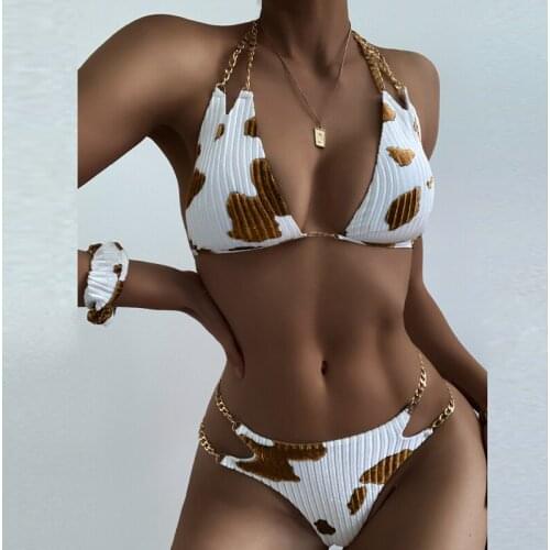 Sexy Cow Skin Printed Bikini Sets Swimsuit Women Push Up Iron Chain Halter Bikini Swimwear Female Beachwear Bathing Suit Biquini
