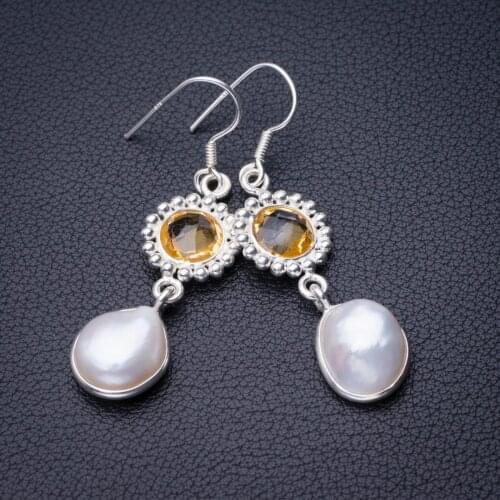 StarGems Natural Biwa Pearl And Citrine Handmade 925 Sterling Silver Earrings 2" D7835