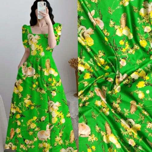 Telas Super Japan Woven Fabric Material Curtains Tulle Dress Green Yellow Flowers Rabbit Print Stretch Satin Silk Fabric Christm