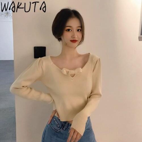 WAKUTA Elegant Square Collar Sweater Women Sweet Front Lace Up Knitted Jumper Tops 2020 Autumn New Solid Color Bow Tie Pullovers