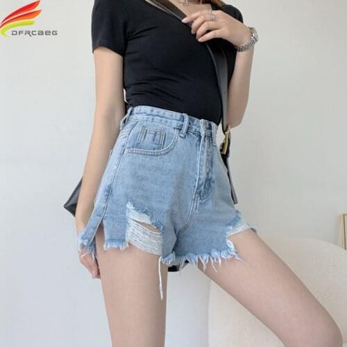 Summer 2021 Denim Shorts Women Streetwear High Waist Ripped Hole Slit Shorts Jeans Korean Fashion Cool Short Femme Hot Pants