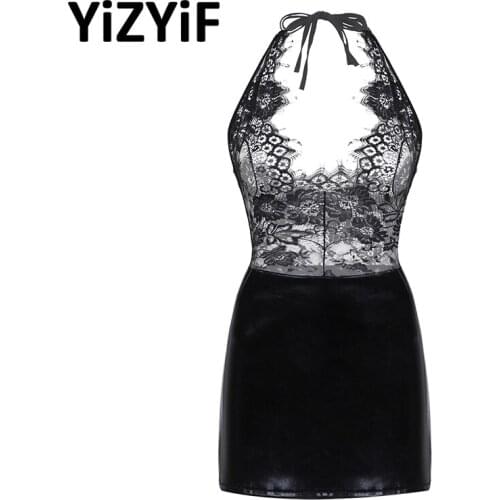 Women Sexy Lingerie Set Erotic See Through Sheer Lace Leather Splice Dress Babydolls Leather Skirt Bodysuit With G-string Thongs
