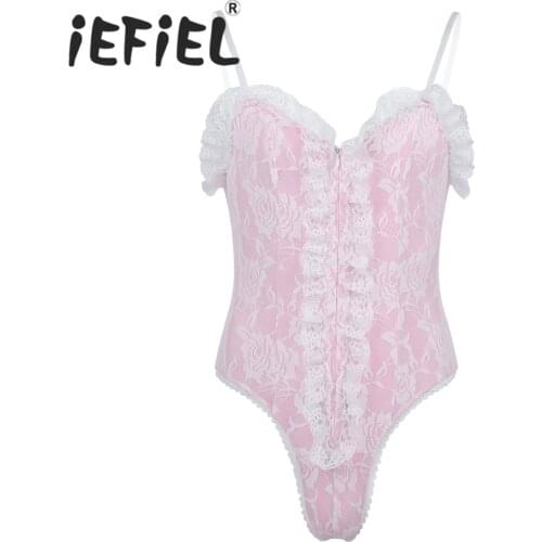 Mens Pink High Cut Ruffle Lace Teddy Crossdress Lingerie Floral Lace See Through Mesh Sissy Pouch Bodysuit Sexy Men Nightwear