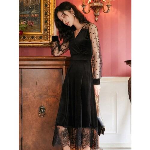 Summer Sexy Vintage Long Sleeve Mesh Dress for Women 2021 New Fashion Women Dresses with Lace Black Long V Neck Robe Femme Black