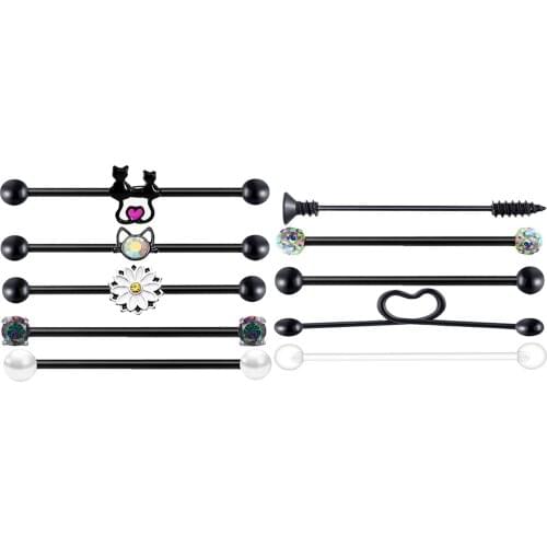 10 pcs Industrial Piercing Barbell Helix Cartilage Bar Stud Long Ear Bridge Scaffold Earring Jewelry Colorful Stripe Ball 38mm