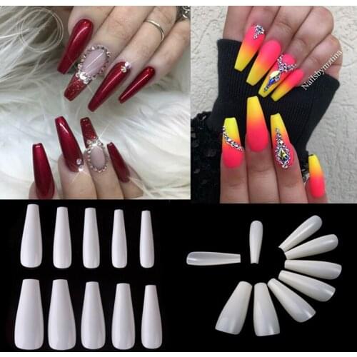100Pcs/Opp Long Ballerina Nails Clear Coffin Fake Tips ABS Full Cover Pointed Fasle Manicure Charms White Natural