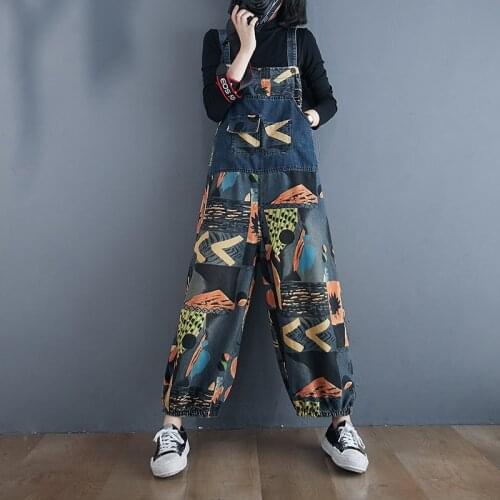 Oversized Fashion 2021 Spring Autumn Women Abstract Denim Rompers Loose Jean Vintage Wild Female Casual Plus Size Long Pants