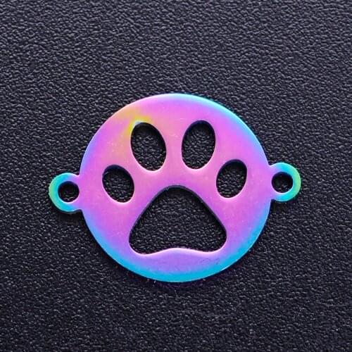 5pcs/lot 100% Stainless Steel Disc Round Dog Cat Paw diy Connector Charms With Rainbow Plated Wholesale Never Tarnish Connectors
