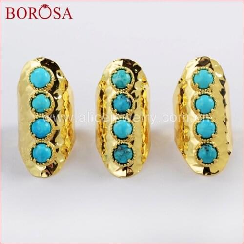 BOROSA Fashion Jewelry 5Pairs Gold Color Round Four Natural Turquoises Band Ring Natural Blue Howlite Ring ZG0337
