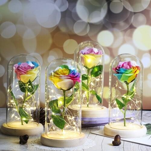 Artificial Flower LED Lamp Multicolor Rose Flowers Glass Bulb Gold Flask Soap Flower Valentines Day Gift for Christmas present