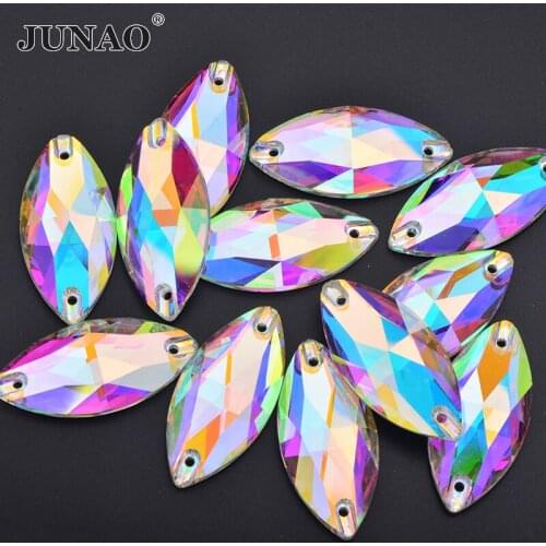 JUNAO 7x15mm 15x32mm Sewn Horse Eye Glass Rhinestones Crystal AB Strass Diamond Flatback Glass Stone Sewing Beads for Needlework