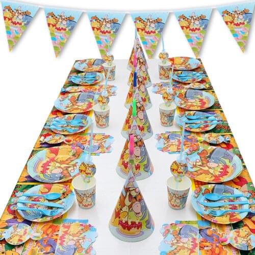 Quality Disney Winnie ther Pooh Kids Birthday Party Paper Cups Plates Bags Tablecloth Pooh Bear Baby Shower Decorations Supplies