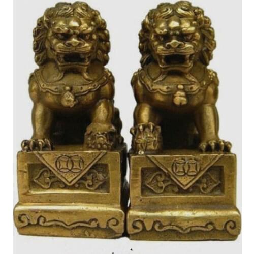 China Chinese Brass Folk Fengshui Foo Fu Dog Guardion Door Lion Statue Pair