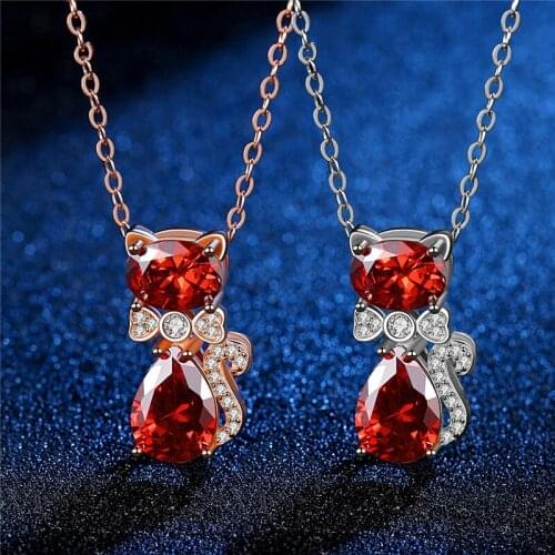 KOFSAC New Trendy 925 Sterling Silver Necklaces For Women Sweet Cute Pet Kitten Red Zircon Pendant Jewelry Female Clavicle Chain