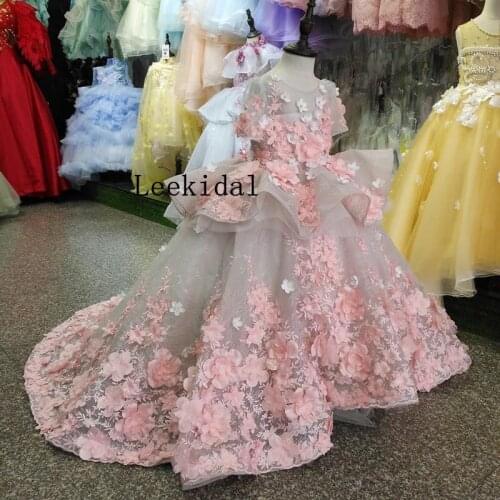 Real Picture New Flower Girls Dress Baby Girl Clothes Lace 3D Flowers Applique Puffy Tulle Kids Birthday Gown Custom Made