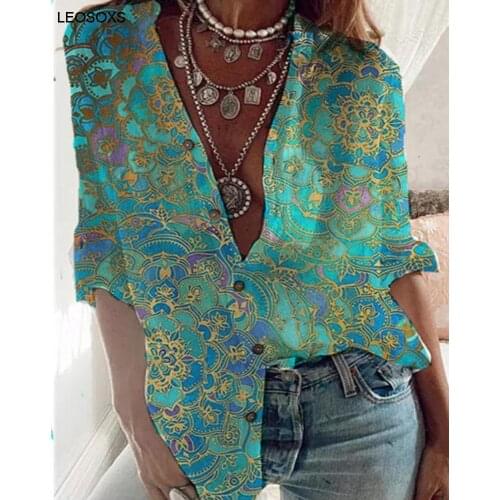 Summer Womens Clothing 2021 New Small Floral Shirt Blue Red Green Yellow Medium Sleeve Loose Thin Sexy Shirt Tops