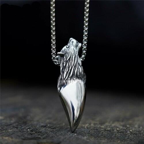 Mens 316L Stainless Steel Fenrir Wolf Head Tooth Pendant Necklace Jewelry