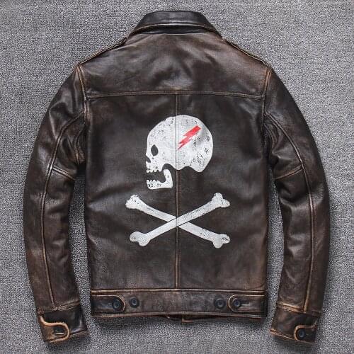 Mens Genuine Top Layer Cowhide Leather Retro Distressed Skull Logo Short Slim Locomotive Pilot Suit Leather Jacket Coat XL XXL
