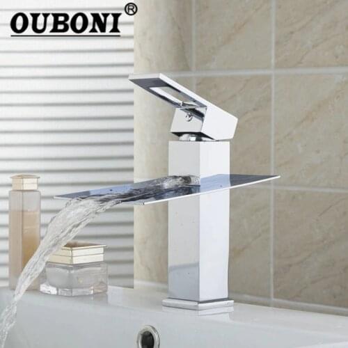 OUBONI Short Waterfall Bathroom Basin Sink Water Mixer Tap Chrome Polish Deck Mount Wide/Single Handle Vessel Tap Mixer Faucet