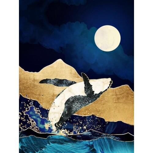 Modern Abstract Gold Blue Whale Shark Canvas Artwork Painting For Living Room Bedroom Pictures And Prints Wall Poster Home Decor