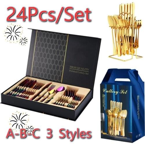 24Pcs/Set Cutlery Boxed Gold Plated Dinnerware Stainless Steel Western Tableware Knife Fork Spoon Luxury Gift Box Dinnerware Set