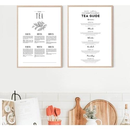 Tea Types Recipes Guide Posters and Prints Black White Minimalist Wall Art Picture Canvas Painting Teahouse Decor Tea Lover Gift