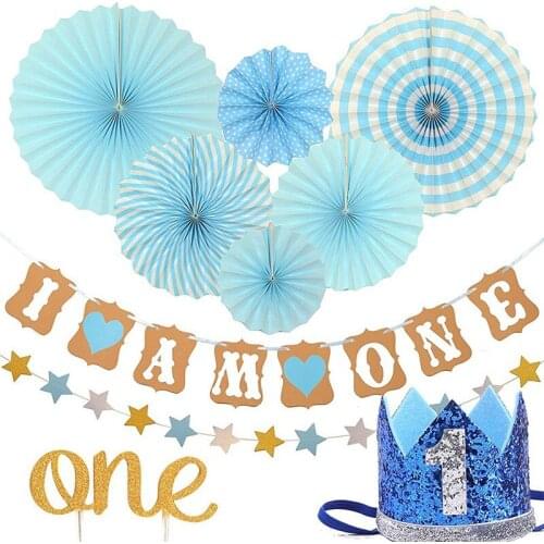 One year old boy birthday party decoration blue paper fan I am one party hat Star garland cake topper 10pcs/set party supplies