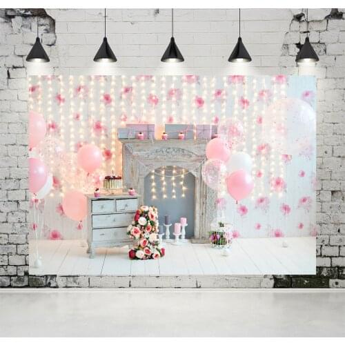 VinylBDS Pink Newborn Happy 1st Birthday Backdrops White Balloon Cake Birthday Backdrop Fireplace White Wooden Floor Kids Photos