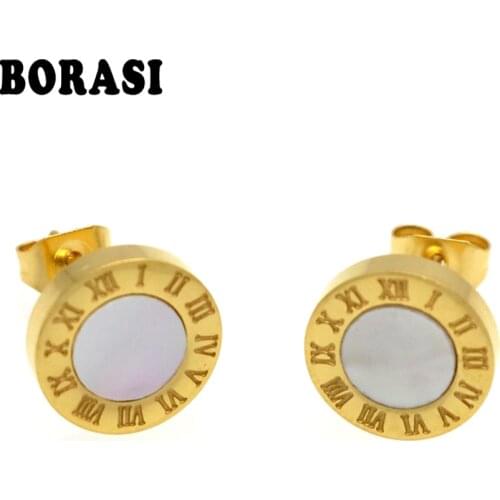 Top Quality Elegant And Charming White Shell And Black Acrylic Roman Numerals Stud Earrings For Women/Men Girls Piercing Jewelry