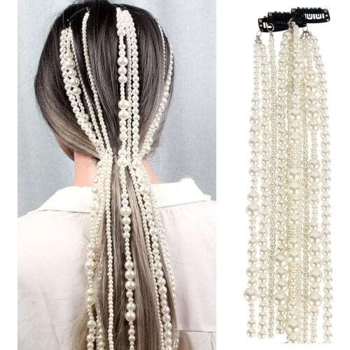 Punk Bohemian Ponytail Hair Extension Chain Wedding Hair Accessories Jewelry Metal Pearl Hair Extension Clip For Women Girls