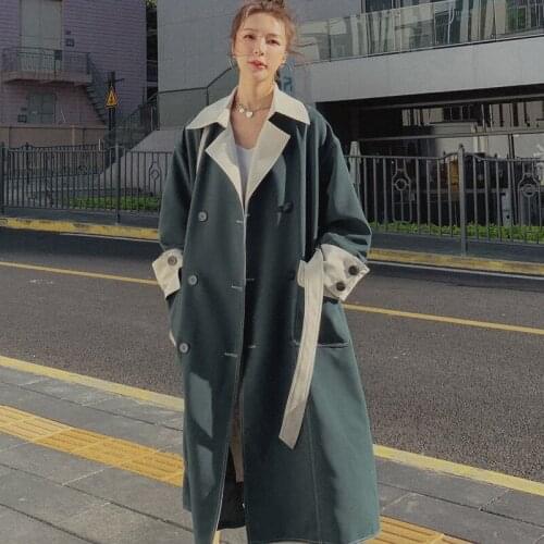 Womens Windbreaker Spring Autumn 2021 New High-End Stitching Contrast Color Lapel Long-Sleeved Double-Breasted Fashion Coat 4Z