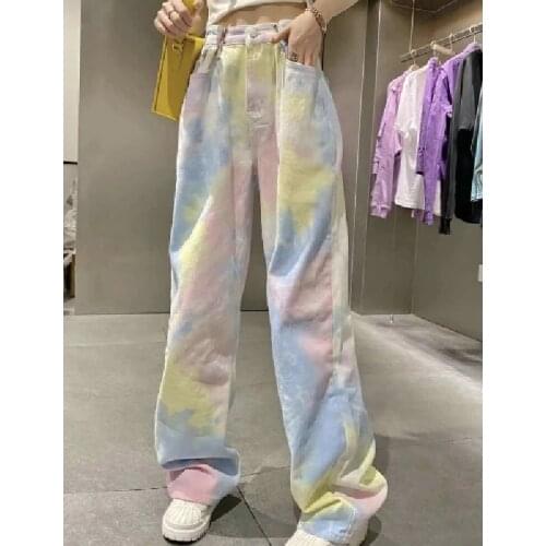 Rainbow color tie-dye wide-leg womens jeans straight loose high waist slimming drape mopping trousers sweet cool casual pants
