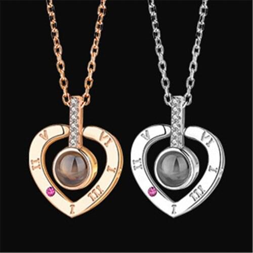 Romantic Love Memory Projection 100 languages I Love You Wedding Necklace Rose Gold Heart Pendant Necklace For Women Girl Gift