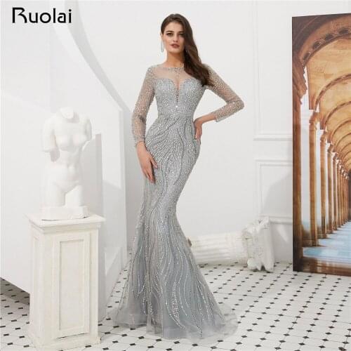 Luxury Mermaid Evening Dress Long Sleeves Scoop Sparkly Prom Dress 2019 2 Colors Evening Gown Vestido de Fietsa SN6