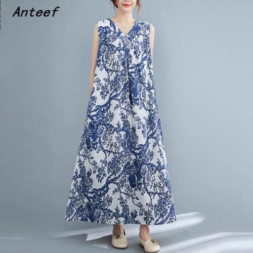 Sleeveless cotton linen vintage porcelain floral dresses for women casual loose long woman summer dress elegant clothes 2021