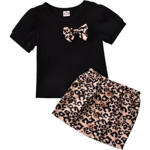 2021 0-5Y Casual Kids Baby Girl Clothes Summer Short Sleeves Bow Black T-shirt Top+Leopard Print A-line Skirt 2pcs Outfits Set