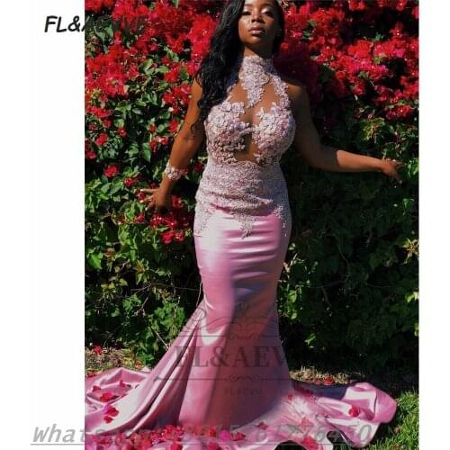 2021 Pink Lace Evening Dress Mermaid High Neck South African Floor Length Long Train Evening Prom Party Gowns