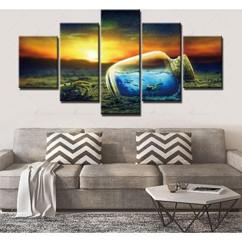 Wall Art Canvas Prints Sunset Crab Painting Home Landscape Decor Drifting Bottle Picture Modular Frame Hallway Room Poster 5 Set