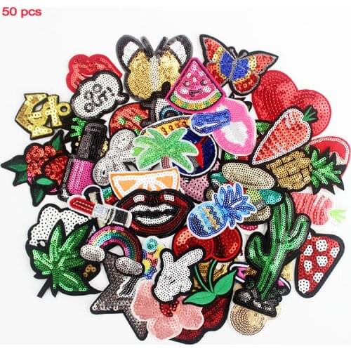 50pcs /lot mixed fruit lips sequin patches hot iron on Embroidery clothes patches for girls DIY clothing accessories