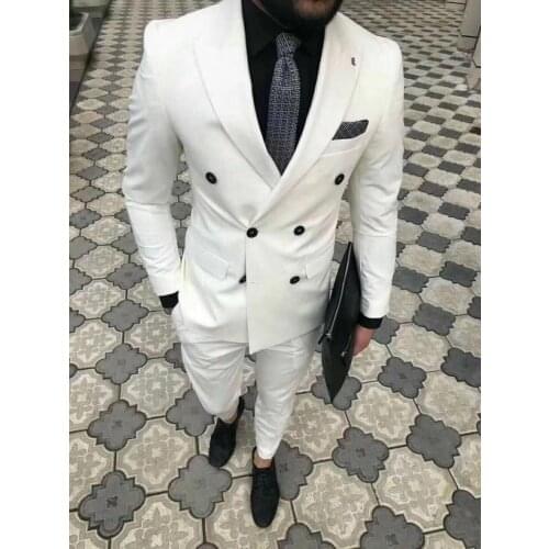 White Casual Double Breasted Men Suits for Wedding Gentleman 2019 Peaked Lapel Groom Tuxedos Two Piece Slim Fit Custom Made Suit