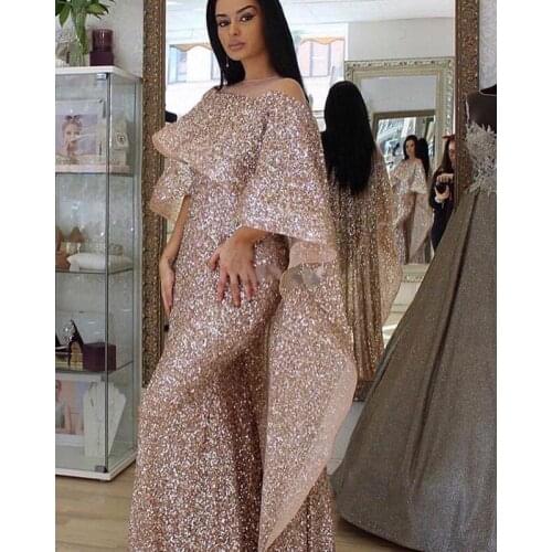 Sparkly Sequined Mermaid Evening Dresses Sheer Neck Wrap Sweep Train Arabic Formal Prom Party Gowns vestidos de noche Plus Size