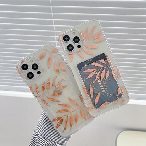Ottwn Electroplated Leaves Card Bag Phone Case For iPhone 12 11 Pro Max X XR XS Max 7 8 Plus S E2020 Transparent Soft IMD Cover