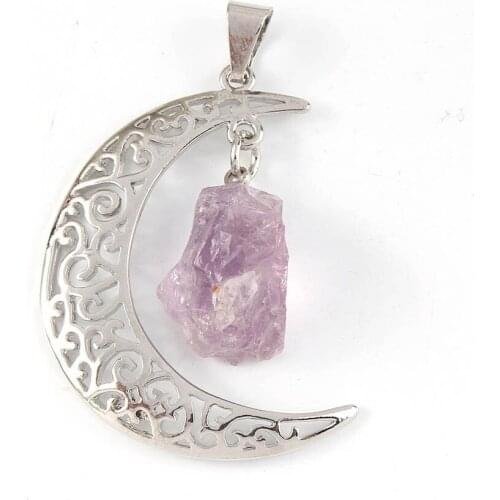 FYSL Silver Plated Crescent Moon with Irregular Shape Amethysts Stone Pendant Rose Pink Quartz Classic Jewelry
