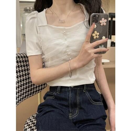 Summer New Korean Womens Dress Stand-up Collar Strapless Clavicle Temperament Was Thin Short-sleeved T-shirt Design Niche Tops